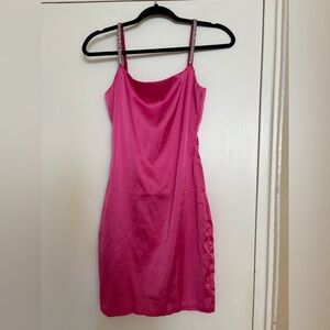 SHEIN Hot Pink Satin Slip Dress with Jeweled Straps